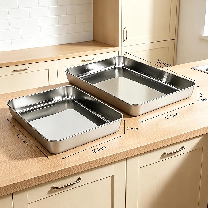 2-Pack Stainless Steel 2" Deep Baking & Roasting Pan Set (12/16 Inch) - Uncoated Non-Toxic Heavy Duty Sheet Pan for Lasagna, Brownies, Bread, Deep Dish Pizza - No Warping, Dishwasher Safe