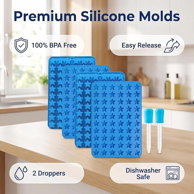 Star Gummy Candy Molds - 240 Cavity Silicone Candy Molds with 2pcs Dropper for Hard Candy, Gummy, Caramels, Chocolate, Ganache, Ice Cubes