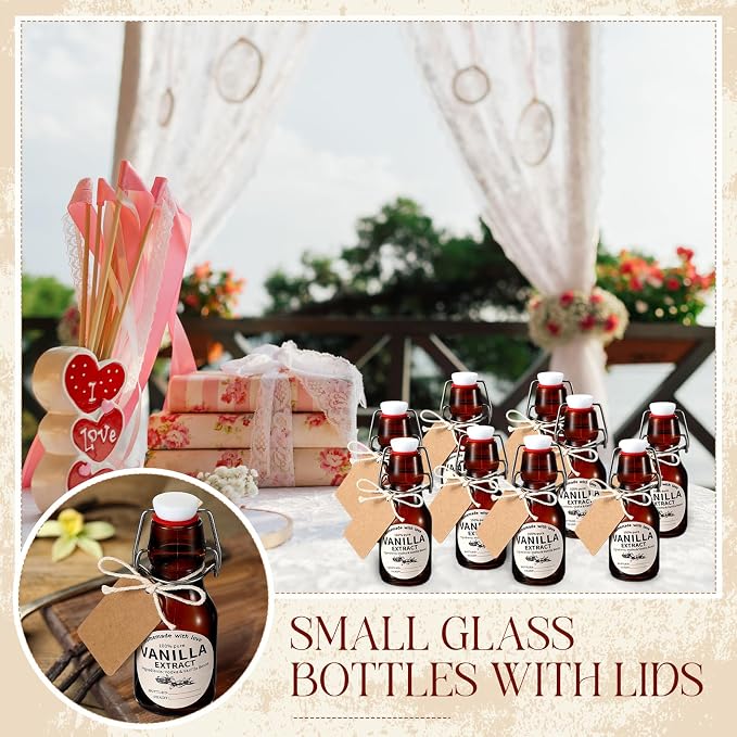 Vesici 12 Sets Swing Top Glass Bottles Set Amber Homemade Vanilla Extract Bottles Vanilla Extract Jars for Christmas DIY Crafts (2 Oz)