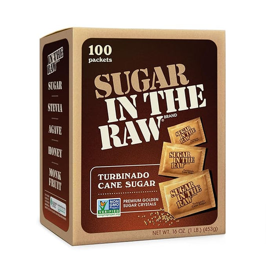 Sugar In The Raw Turbinado Cane Sugar Packets, 100 Ct, Pure, All-Natural Turbinado Sugar, Non-GMO Project Verified, Kosher, Vegan and Gluten Free