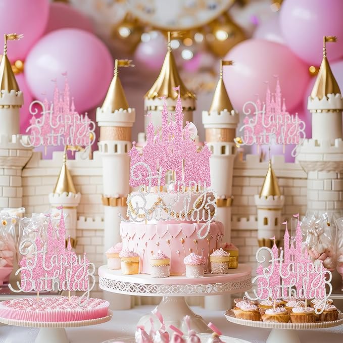 2Pcs Pink Princess Cake Toppers Silver Happy Birthday Cake Decorations Glitter Castle Picks for Girls Princess Birthday New Year Valentine's Day Party Supplies