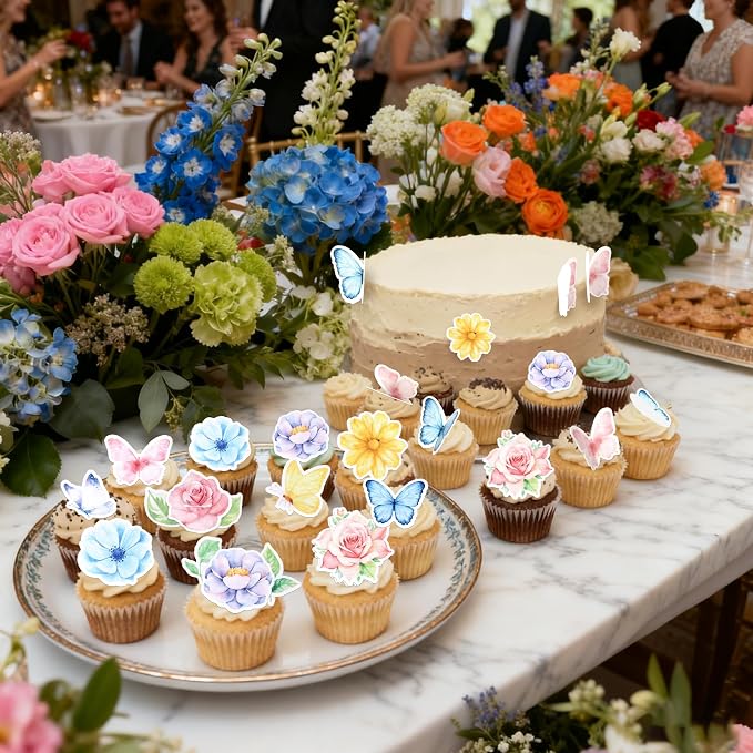 65 PCS Edible Flowers Cupcake Toppers Wafer Paper Daisy Green Leaves Rose Flower Cupcake Picks Edible Flowers Cake Decorations for Baby Shower Wedding Birthday Party Cake Decorations Supplies