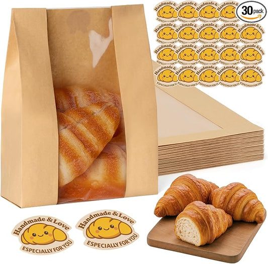 FUNFERY 30 Pcs Sourdough Bread Bags for Home Made Bread Sourdough,Large Paper Bags for Breads Gifting with Window&Cute Stickers,Loaf Bags for Bakery Packaging and Storage,Sourdough Starter Kit