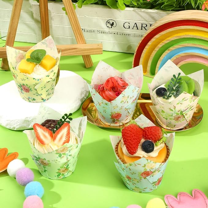 AUGSHY Floral Tulip Cupcake Liners, 200Pcs Flower Paper Muffin Baking Cups | Greaseproof Paper Cupcake Wrappers, Cake Dessert Decorations, Spring Easter Baby Shower Birthday Wedding Tea Party Supplies