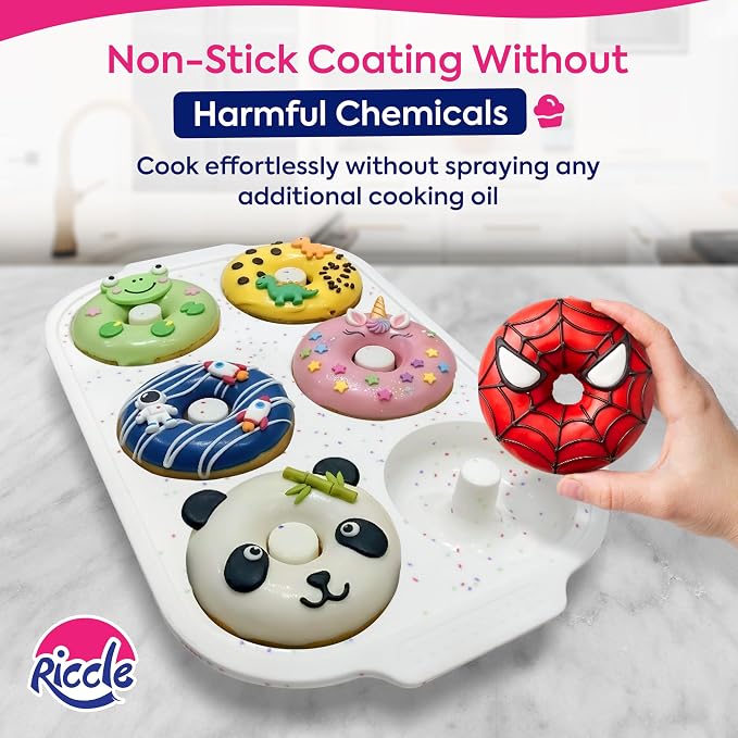 RICCLE Silicone Donut Pan – 2 Pack, 6 Cavity Donut Pan for Baking with Metal Reinforced Frame | Non-Stick Silicone Donut Molds for Baking, Doughnut Pan & Bagel Pan – BPA Free, Oven & Dishwasher Safe