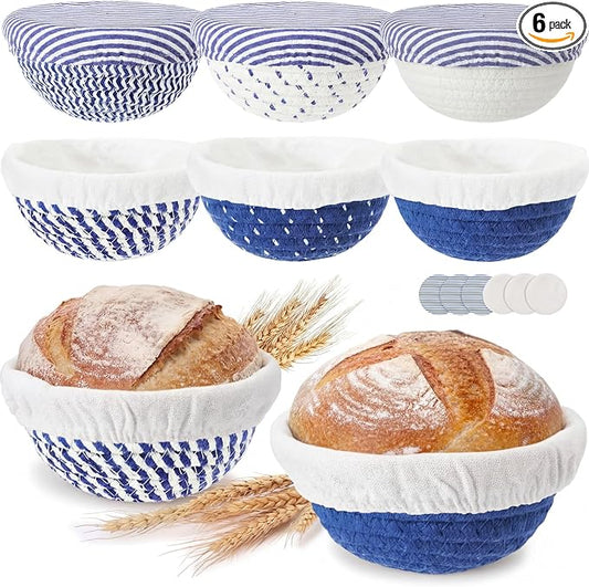 6 Set 5.5 Inch Mini Banneton Bread Proofing Basket Natural Cotton Rope Proofing Bowls Kit with Cloth Liner Small Sourdough Bread Baking Supplies for Home Baking (Blue)