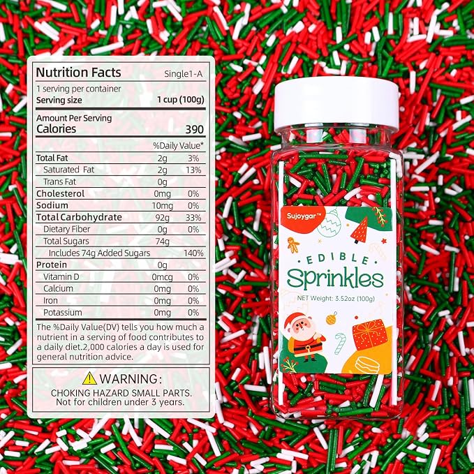 Christmas Jimmies Sprinkles for Cake Decorating, 3.52oz Edible Red Green Sprinkles for Cupcake Toppers Baking Cookie Ice Cream Dount Chocolate Christmas Food Decoration