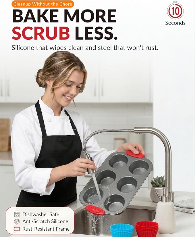 Boxiki Kitchen Non-Stick Steel 6 Cup Muffin Pan with Silicone Handles and Reusable Liners - Perfect for Baking Large Muffins and Cupcakes