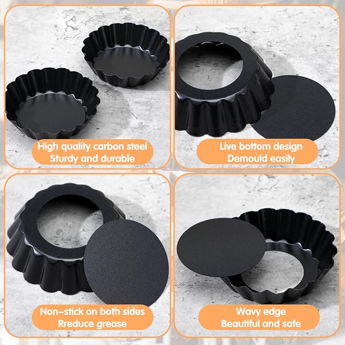 24 Pcs Mini Pie Tart Pans 3"with Removable Bottom Round Nonstick Quiche Pan | Bakeware Egg Tart Molds Fluted Side Small Quiche Pans Steel Mini Pie Tins for Pies Mousse Cheese Cake Dessert