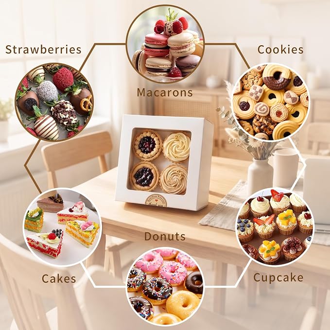 Homrelaxy 32 Pcs White Bakery Boxes with Window - 6x6x3 Inches Cardboard Cookies Boxes with Stickers for Macaroon, Pastries, Donuts, Cupcakes, Cookies and Chocolate Strawberries
