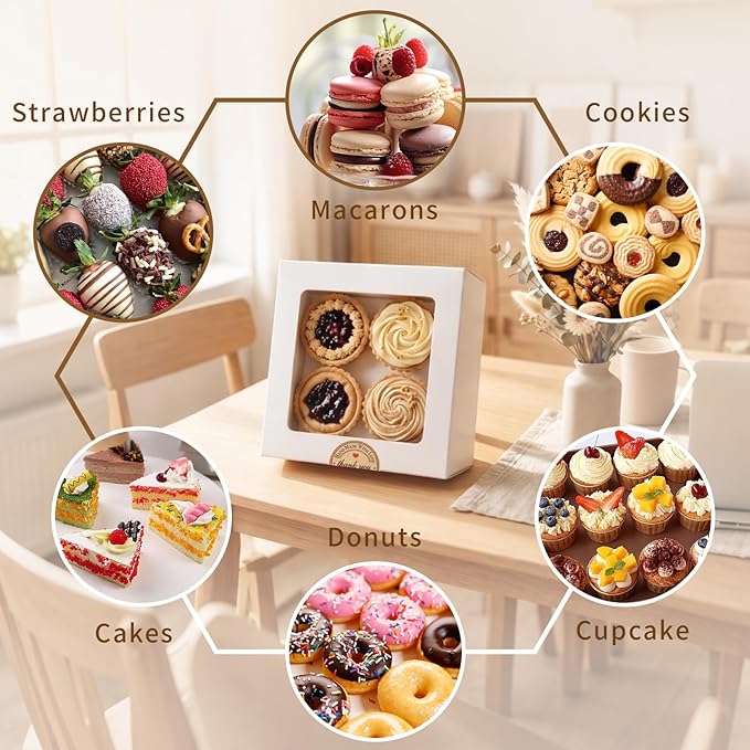Homrelaxy 13 Pcs White Bakery Boxes with Window - 6x6x3 Inches Cardboard Cookies Boxes with Stickers for Macaroon, Pastries, Donuts, Cupcakes, Cookies and Chocolate Strawberries