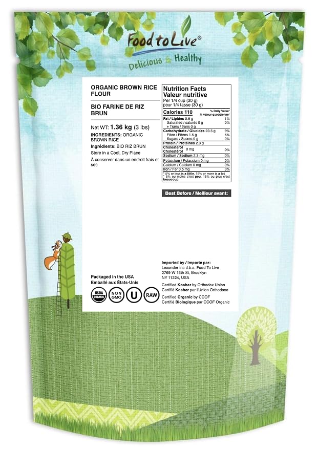 Food to Live Organic Brown Rice Flour, 3 Pounds - Non-GMO, Finely Ground from Long Grain Rice, Unbleached, Untreated, Vegan Meal, Kosher, Bulk Powder