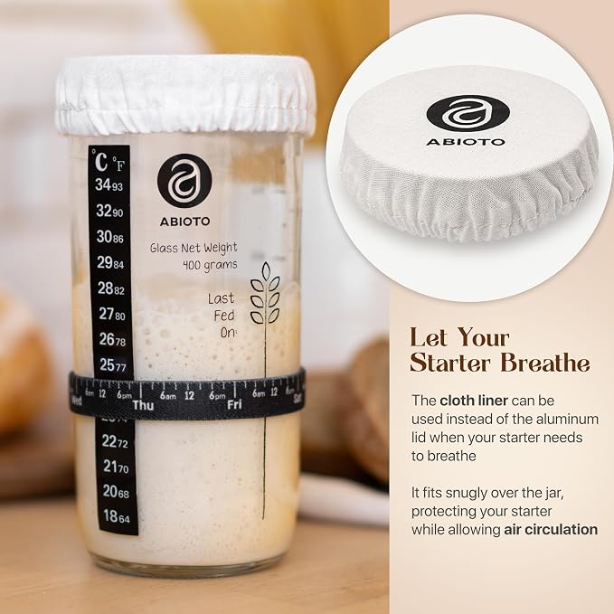 ABIOTO Sourdough Starter Kit, Includes 24 oz Sourdough Starter Jar with Metallic Lid, Silicone Spatula, Feeding Tracker, Extra Thermometer Strips & Breathable Covers - Sourdough Bread Starter Kit