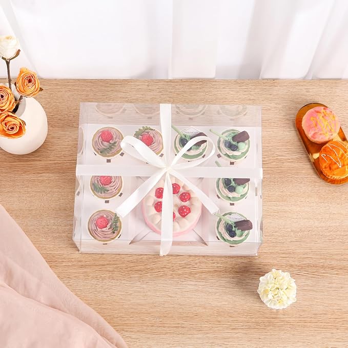 3Pcs Bento Cake Box and Cupcake 1+8 Combination Clear Window Bento Boxes, 6 Holes Bento Vake Box Suitable for 8 Regular Cupcakes and Mini Cakes