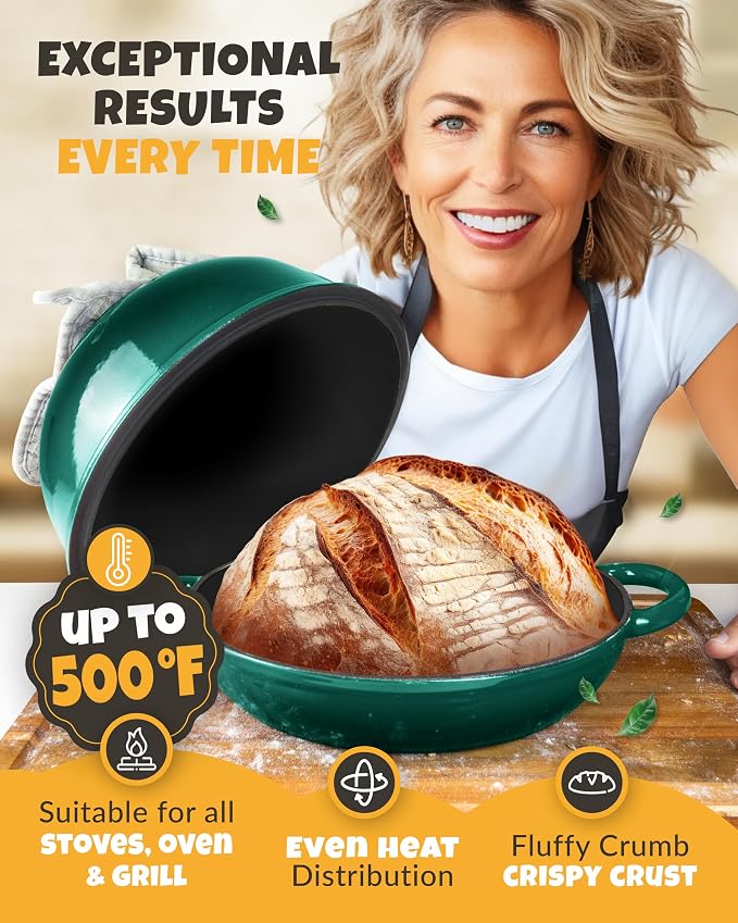 CRUSTLOVE Dutch Oven Bread Baking - 5QT Enamel Bread-Oven - incl Sourdough Bread-Baking Suppliers like Dough Whisk Scoring Lame etc Bread-Dome Cast Iron Bread-Pan with Lid for Sour dough, Bread-makingBottle Green Dome