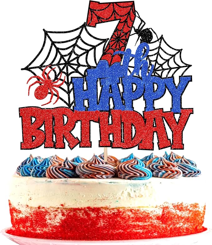 1 PCS Happy 7th Birthday Cake Topper Glitter Spider Web Cheers to 7 Years Seven Birthday Cake Pick Superhero Spider Party Decorations for Boys Girls Happy 7th Birthday Party Cake Decorations Supplies
