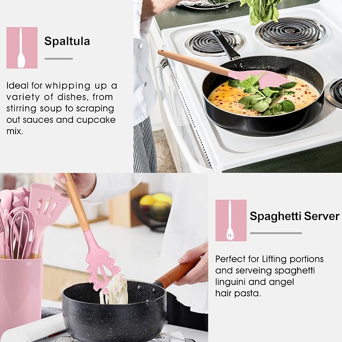 E-far Cooking Utensils Set of 6, Silicone Kitchen Utensils with Wooden Handle, Non-stick Cookware Friendly & Heat Resistant, Includes Spatula/Ladle/Slotted Turner/Serving Spoon/Spaghetti Server(Pink)