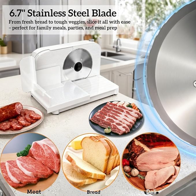 Meat Slicer for Home, 150W Foldable Deli Meat Slicer with 6.7'' Blade, Child Lock Protect Electric Bread Slicer, Adjustable Thickness Portable Food Cutter Machine for Spam Breads Meat (White)