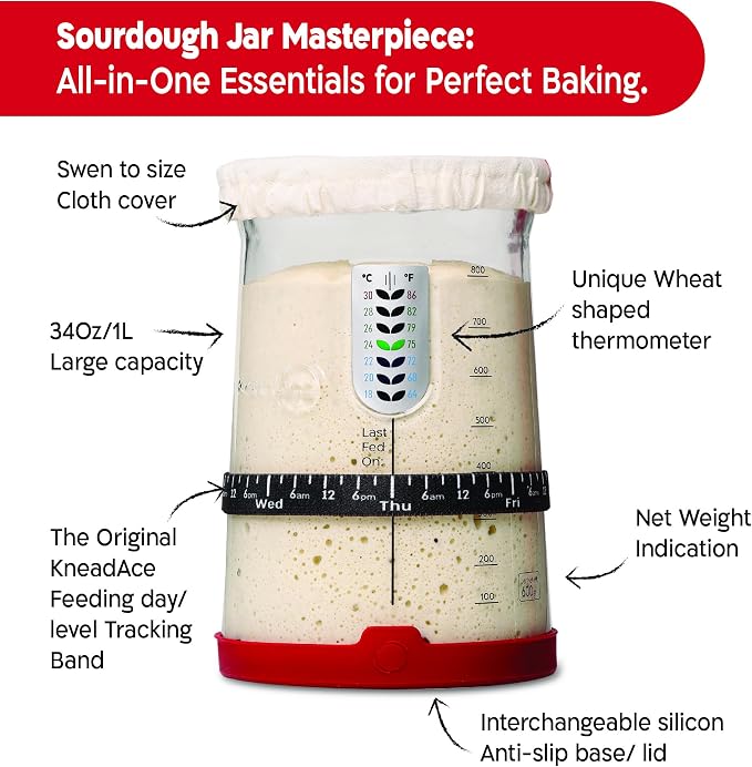 KNEADACE Pro Sourdough Starter Kit - 34oz Large Capacity Glass Fermentation Jar with Lid & Tracker, Sourdough Starter Fermenter for Homemade Sourdough, Bread Dough Prep & Culinary Fermentation, 2 Pack