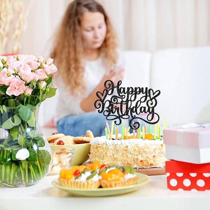 Gyufise 1Pcs Happy Birthday Cake Topper Glitter Cake Pick Bunting Decor for Anniversary Celebrating Party Cake Decorations Supplies Black