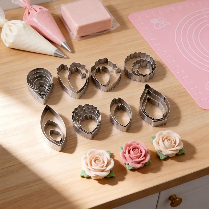 26PCS Flower Fondant Cutter Set with 4 Balls, 7 Different Flowers – Rose/Paeony/Carnation/Leaves/Small Peony/Tulip/Calla Lily Cake Decor Modeling Tools Cookie Tool Set Stainless Steel