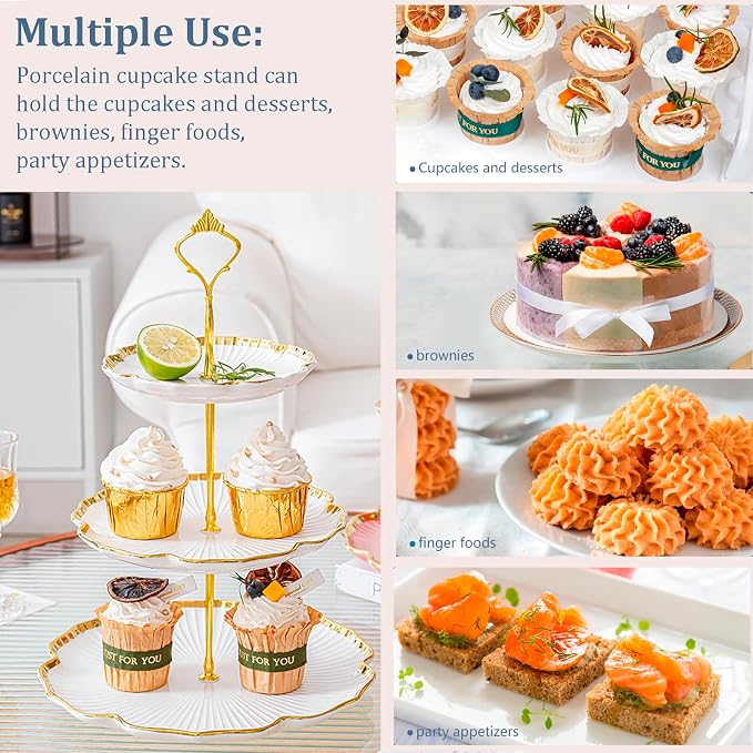 3 Tier Porcelain Serving Tray with Elegant Floral Gold Trim - Embossed Food Grade Tiered Cupcake Stand - Serving Stand for Parties & Weddings & Baby Showers