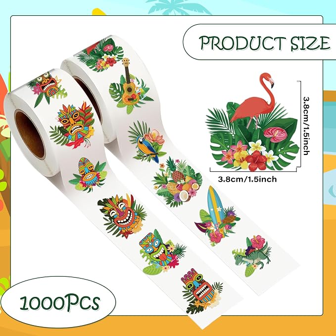 Hawaiian Luau Stickers Roll - 1000 Pcs Tropical Hawaii Stickers, Summer Waterproof Sticker for Scrapbook Journal Envelope Card Water Bottle, Party Favor Decorations