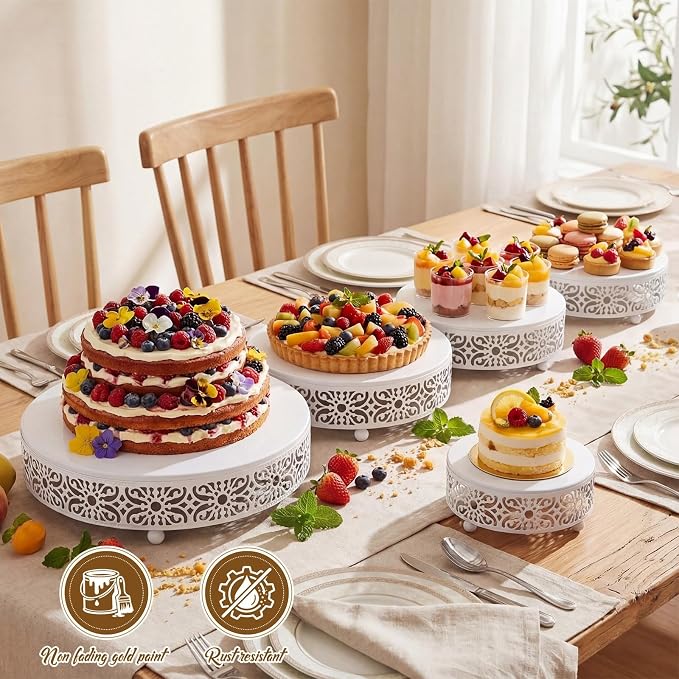 Wenqik 5 Pcs Metal White Cake Stand 16/14/12/10/8 Inch Round Cake Holder Display for Dessert Table Cookies Fruit Serving Tray Cupcake Pastry Riser for Wedding Birthday Party and Events