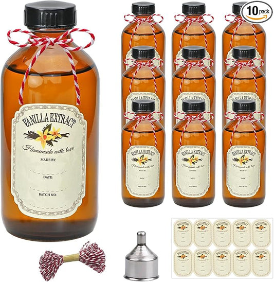 YINGERHUAN 8oz Glass Vanilla Extract Bottles,10 Pack Round Amber Glass Boston Bottles with Caps ， Stickers and Funnel ，Applicable to Essential Oils, Wedding, Christmas