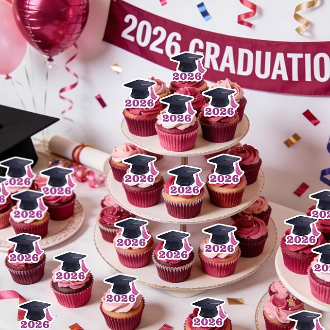 42pcs Edible Graduation Cap Cupcake Toppers Wafer Paper Pink Class of 2026 Cake Decorations Edible Grad Cap Cupcake Picks for 2026 Graduation Theme Party Cake Decor Supplies