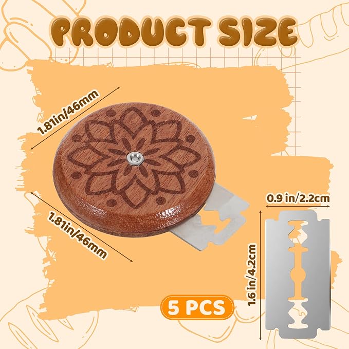 Bread Lame for Sourdough, Round Wooden Dough Scoring Tool | Professional Bread Scorer Slashing Knife with 5 Stainless Steel Razor Blades for Artisan Breads and Baguette Makers