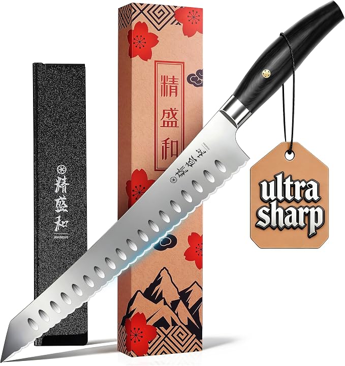 Bread Knife for Homemade Bread, Serrated Blade 10 in with Cover and Offset Handle, Outward-Curved Edge for Clean Even Slices, Slicer Cuts Sourdough, Bagels, Ham, Pineapple, Ideal Gift