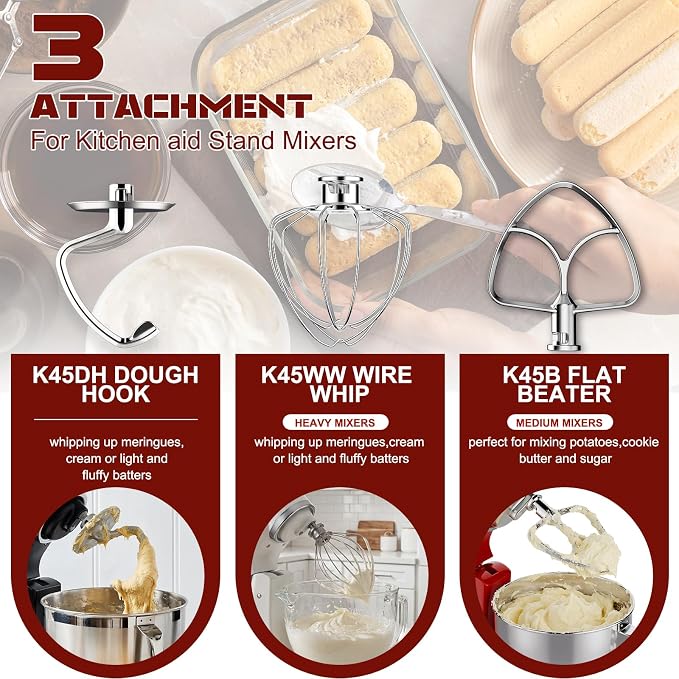 Stainless Steel Mixer Attachments for KitchenAid 4.5-5 Qt Tilt-Head Stand Mixer, Dishwasher Safe Set with Wire Whip, Dough Hook and Flat Beater, Heavy Duty Replacement Accessories for Baking