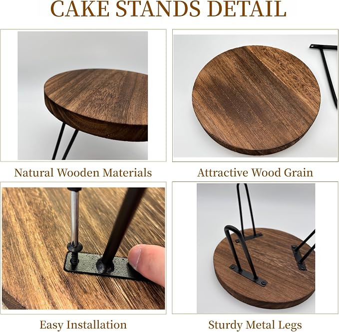 Wooden Cake Stand Set of 3 - 8 10 12 Inch Cake Pedestal with Metal Legs, Wood Dessert Table Display Stand Tiered Cupcake Holder Serving Platter for Wedding Baby Shower Birthday Party Table Decoration