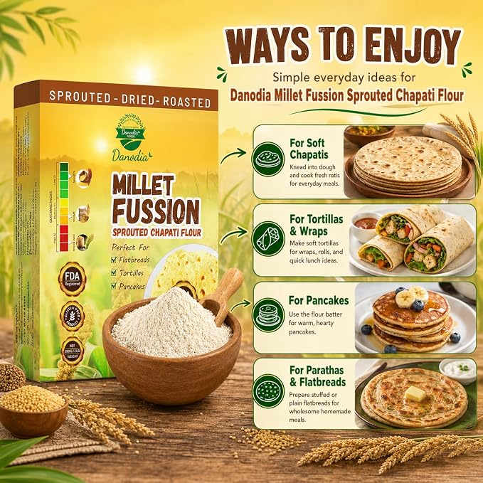 Danodia Foods Organic Sprouted Chapati & Bread Flour, 2 lb Pack | Multigrain atta blend for roti, chapati, paratha, flatbread and everyday bread baking; Gluten-Free; Indian pantry recipes