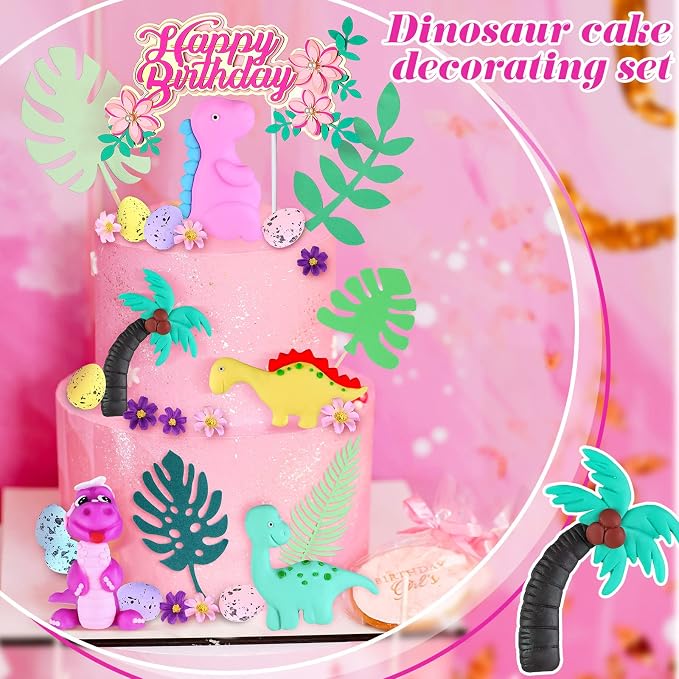 Marsui 35 Pcs Dinosaur Cake Topper, Dinosaur Cake Decorations with Happy Birthday Sign for Girls Birthday Baby Shower Safari Animal Themed Party