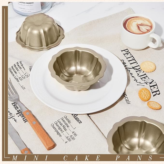 Ctosree 16 Pcs 4 Inches Fluted Mini Cake Pan Nonstick Fluted Cake Pan Carbon Steel Tube Metal Tube Oven Baking Mold with Flower Shape for Cupcake (Gold)