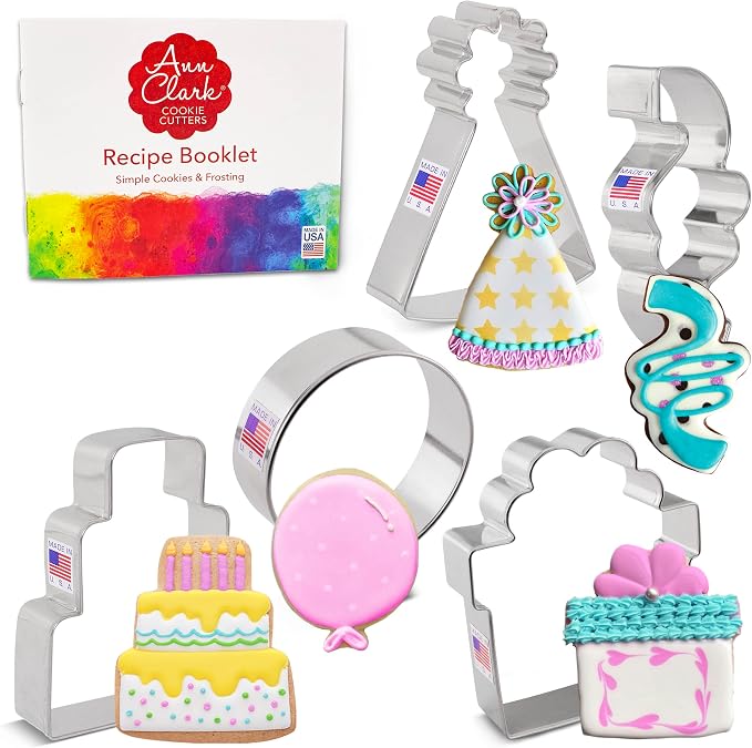 Ann Clark Cookie Cutters Birthday Cookie Cutters 5-Pc. Set Made in USA, Balloon, Birthday Hat, Cake, Present, Confetti