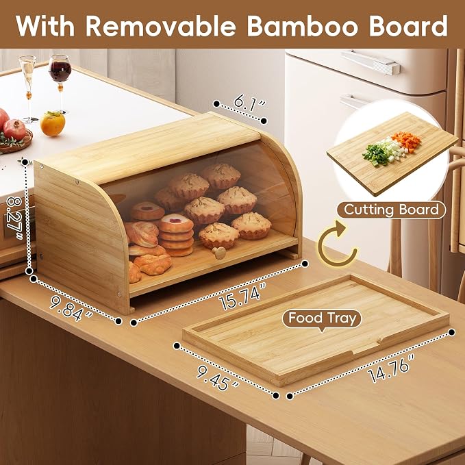 Roll Top Bread Container for Kitchen Countertop, Bamboo Bread Box with Clear Lid, Bread Container Storage（Bamboo with cutting board）