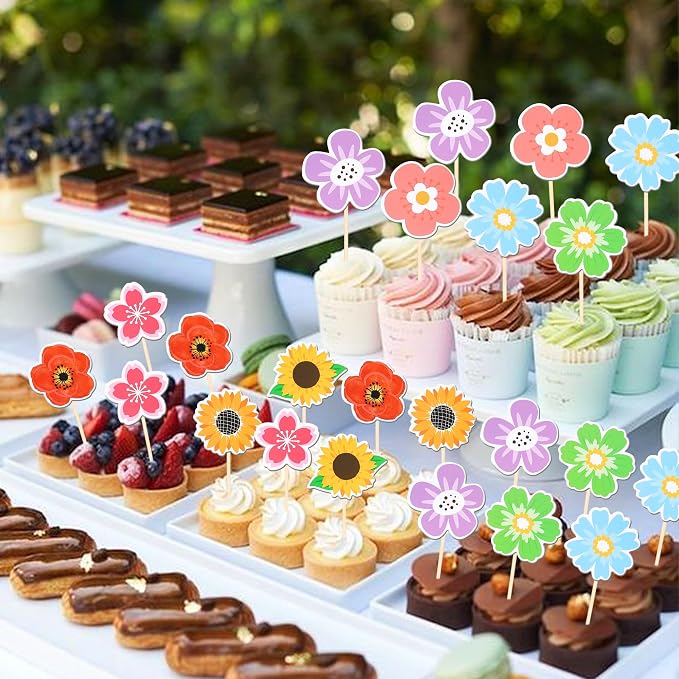40 PCS Summer Flowers Cupcake Toppers Double Sided Colorful Sunflower Cupcake Picks Daisy Flower Cake Decorations for Summer Haiwaii Theme Baby Shower Wedding Birthday Party Supplies