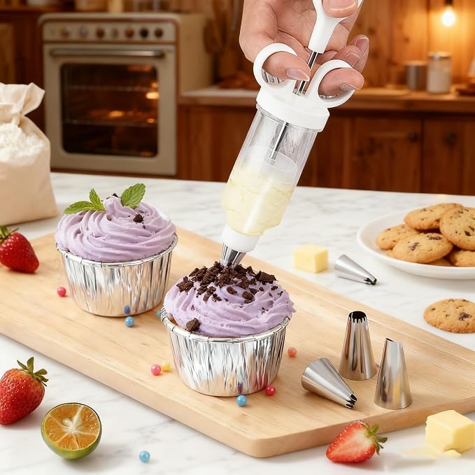 Hendiy Cake Decorating Set, Cupcake Icing Piping Kit, Frosting Piping Injector Kit with 6 Stainless Steel Icing Nozzles, Dessert Decorating Gun for DIY Cake Decorator, White