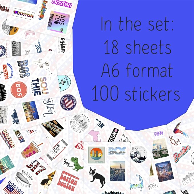 100Pcs Boston Sticker for Water Bottle and Laptop - City Souvenirs, Decorations & Gifts, Waterproof Vinyl Decals, Gifts for Women & Men