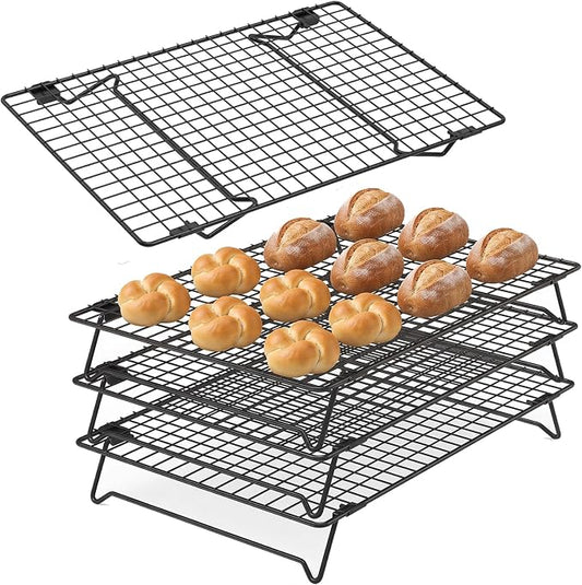 4 Pack Cooling Racks for Cooking and Baking, 17 x 11 Inch 4-Tier Stackable Cookie Cooling Rack Tall Baking Racks, Carbon Steel Roasting Wire Rack for Baking, Grilling Making Jerky (Black)