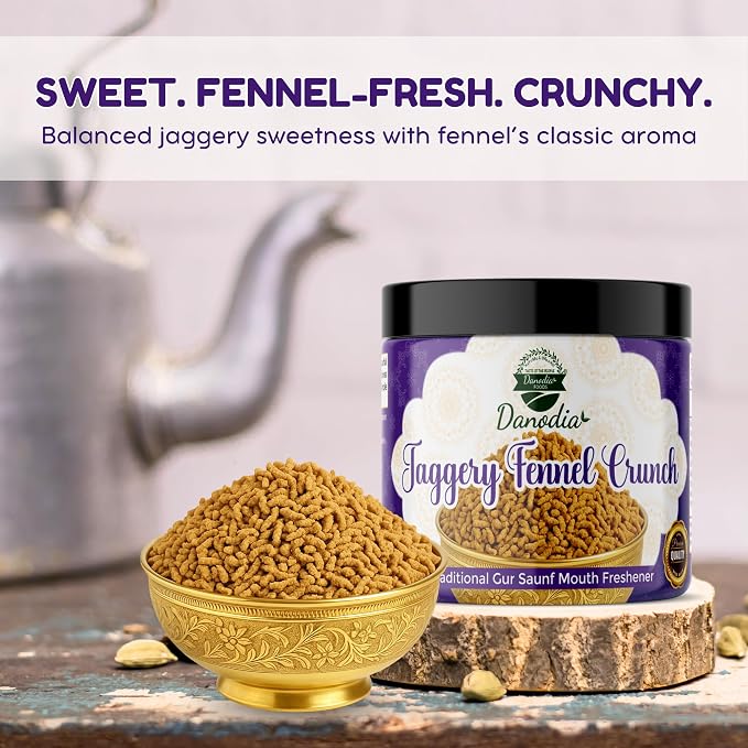 Danodia Foods Jaggery Fennel Crunch, Gur Sweetener, 100g, for Chai & Baking | Gur saunf mukhwas with jaggery and fennel seeds; Indian after-meal mouth freshener in resealable pouch; tea and dessert use