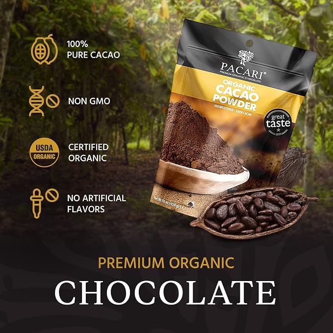 Paccari Cocoa Powder | Organic Cacao Powder Unsweetened | 100% Natural, Gluten Free, Organic, Non-GMO | Fair Trade Cacao Amargo en Polvo | (16 Oz)