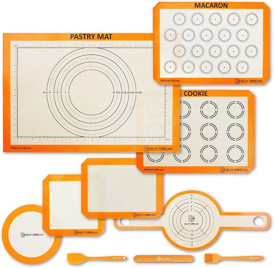GUY DREAM All-in-One Silicone Baking Mat Set - Kneading Mat, Cookie & Macaron Half Sheet, 1/4 Sheet Mat, Square & Round Cake Mats, Artisan Bread Sling- Ideal Gift for Baking