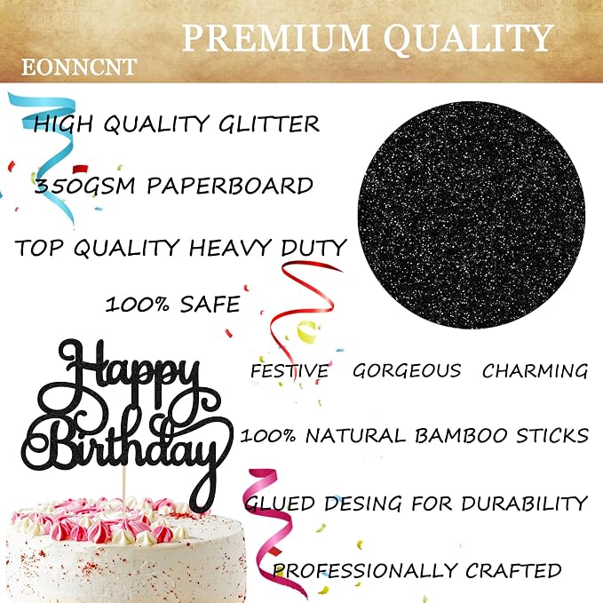 Happy Birthday Cake Topper - Black Glitter Birthday Party Cake Decoration Supplies, Photo Booth Props