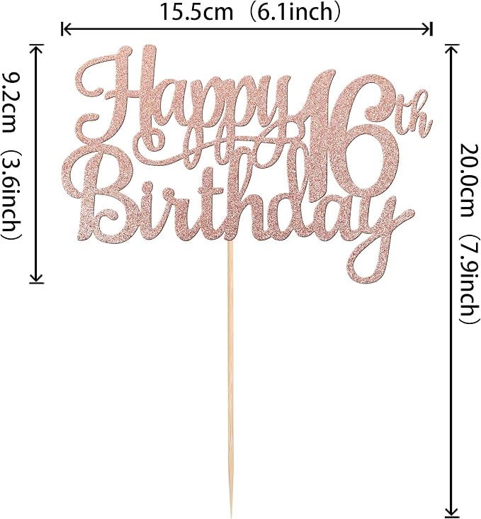 1 PCS Happy 16th Birthday Cake Topper Glitter Cheers to 16 Years Birthday Cake Pick Sweet 16 Fabulous Cake Decoration for Happy 16th Birthday Theme Party Decorations Supplies Rose Gold