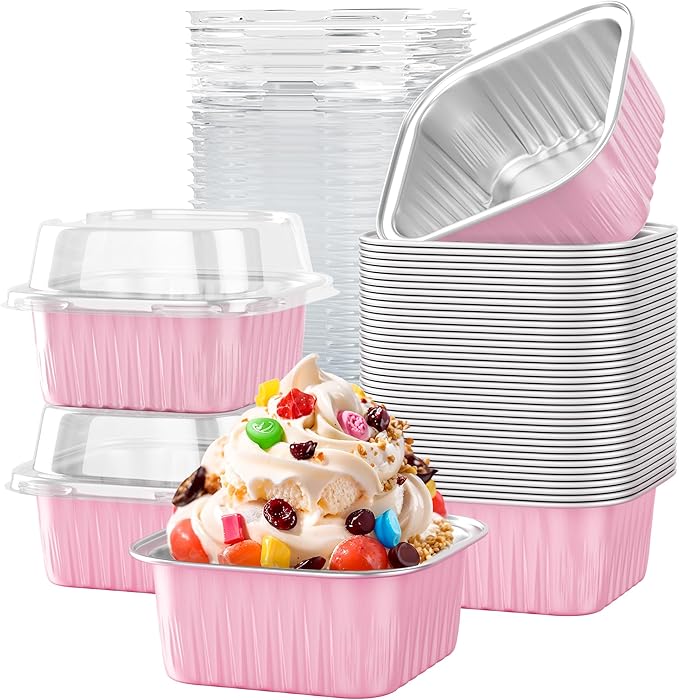 40 Pack 5 OZ Mini Cake Pans with Lids, Disposable Square Aluminum Foil Brownie Baking Cups, Mini Aluminum Foil Cupcake Muffin Tin Ramekins, Flan Molds Cake Containers for Wedding Birthday Party, Pink