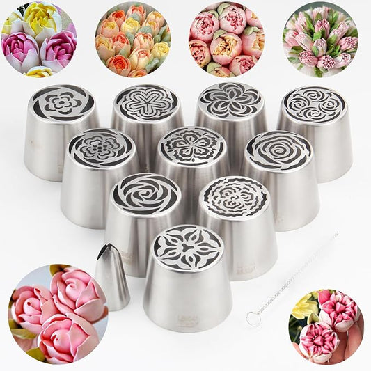 12-Piece Extra-Large Russian Flower Piping Tip Set, Stainless Steel Rose and Tulip Piping Tips for Cake Decoration, Including 10 Extra-Large Flower Tips, 1 Leaf Tip, and 1 Brush
